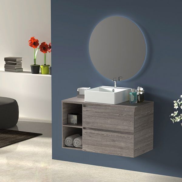 Mueble de baño Zeus con lavabo, espejo redondo retroiluminado y encimera de madera.